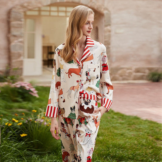 Ins style pajamas women autumn long-sleeved trousers lapel imitation silk thin home clothes set eprolo