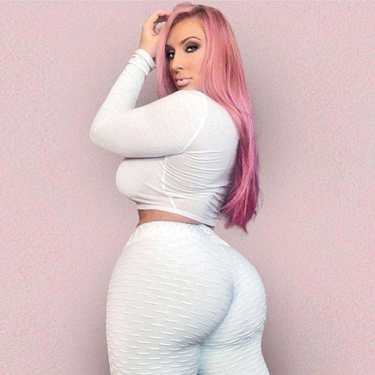 men, women, clothing, jewellery, shoes, sneakers, pets, handbags, home & garden, beauty products, children, health care products, home decor, home security, techs & gadgets, belts, plus size swimwear, formal wear, tracksuit sets, men, women, plus size, shoes, handbag, home & garden, children, pets, health care products, clothing, sneakers, beauty products, Fashionable women wearing white workout leggings, showcasing slim fit and breathable fabric against a pink background.