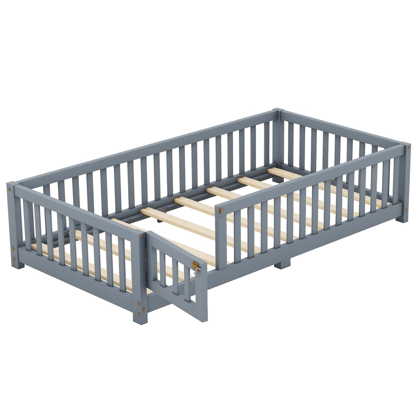 Twin Size Bed Floor Bed with Safety Guardrails and Door for Kids, Gray eprolo
