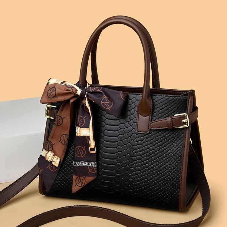 Genuine Leather Women's Briefcase - Commuting Style Bag in Embossed Snakeskin Pattern with Contrasting Color