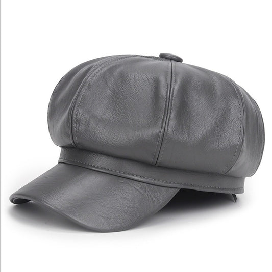 PU beret outdoor casual trend solid color octagonal hat eprolo