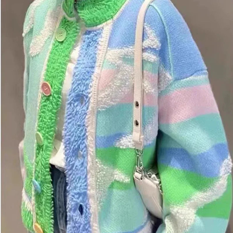 Green Knit Sweater Coat Loose Women Clothing Color Contrast Coat Autumn Winter Thick Warm Jacket Warm Tops - Shello's Creative Boutique