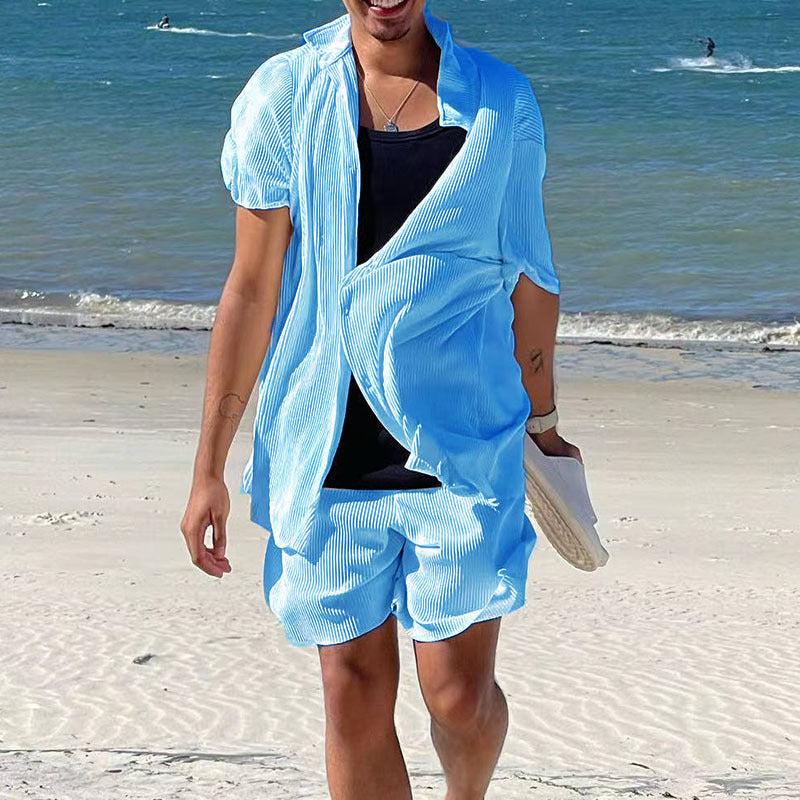 Men's casual loose beachwear solid color striped short-sleeved suit Shello's Creative Boutique