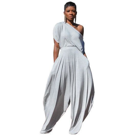 Casual solid color cotton diagonal shoulder Harlan pants set, two-piece set - Shello's Creative Boutique