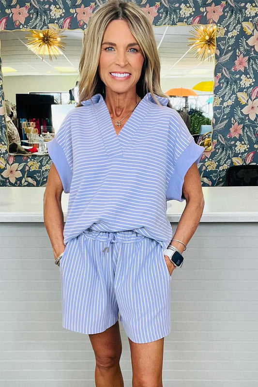 Sky Blue Striped Dolman Sleeve Pullover and Drawstring Shorts Set - Shello's Creative Boutique