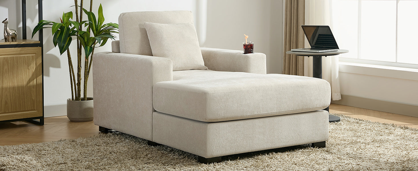 39.7" Oversized Chaise Lounger Modern Style Sofa Couch ,with Pillows, Charge Station & Cup Holders, Chenille Fabric, Cream Shello Creative Boutique