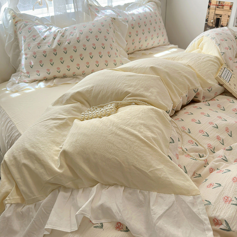 Skin friendly French romantic lace washed cotton printed bed bedding skirt four piece set of bed sheets bedsheet eprolo