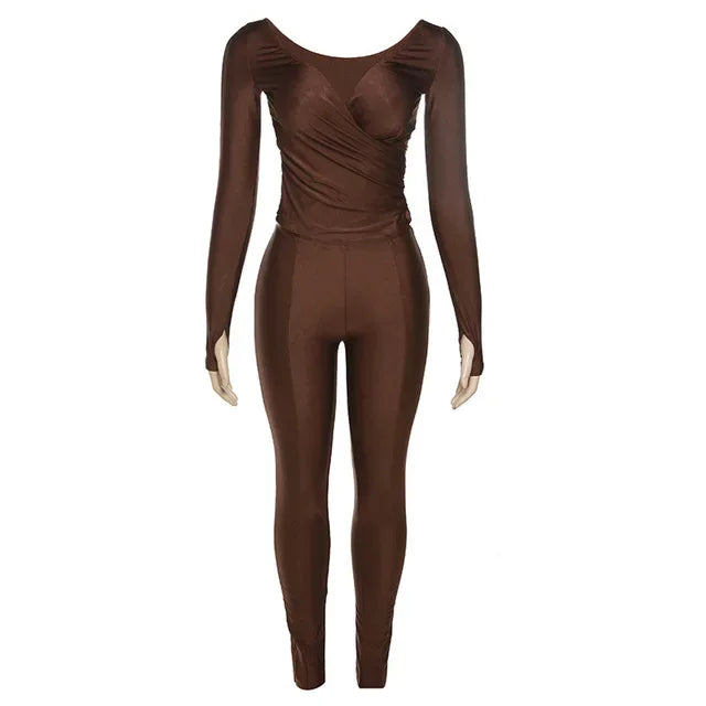 Autumn Solid Casual Two Piece Set Women Sexy Wrapped V Neck Off Shoulder Gloves Long Sleeve Crop Top Slim Split Pants Suits - Shello's Creative Boutique