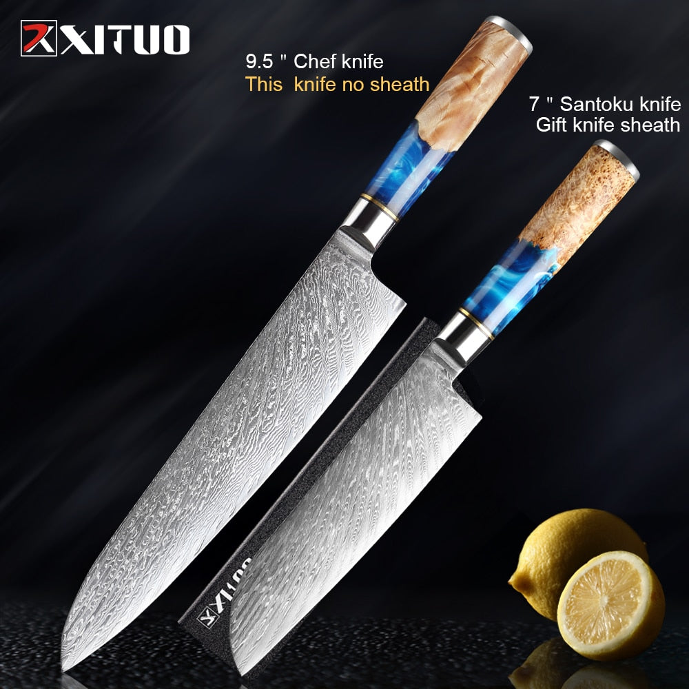 XITUO Kitchen Knives-Set Damascus Steel VG10 Chef Knife Cleaver Paring Bread Knife Blue Resin and Color Wood Handle Cooking Tool eprolo