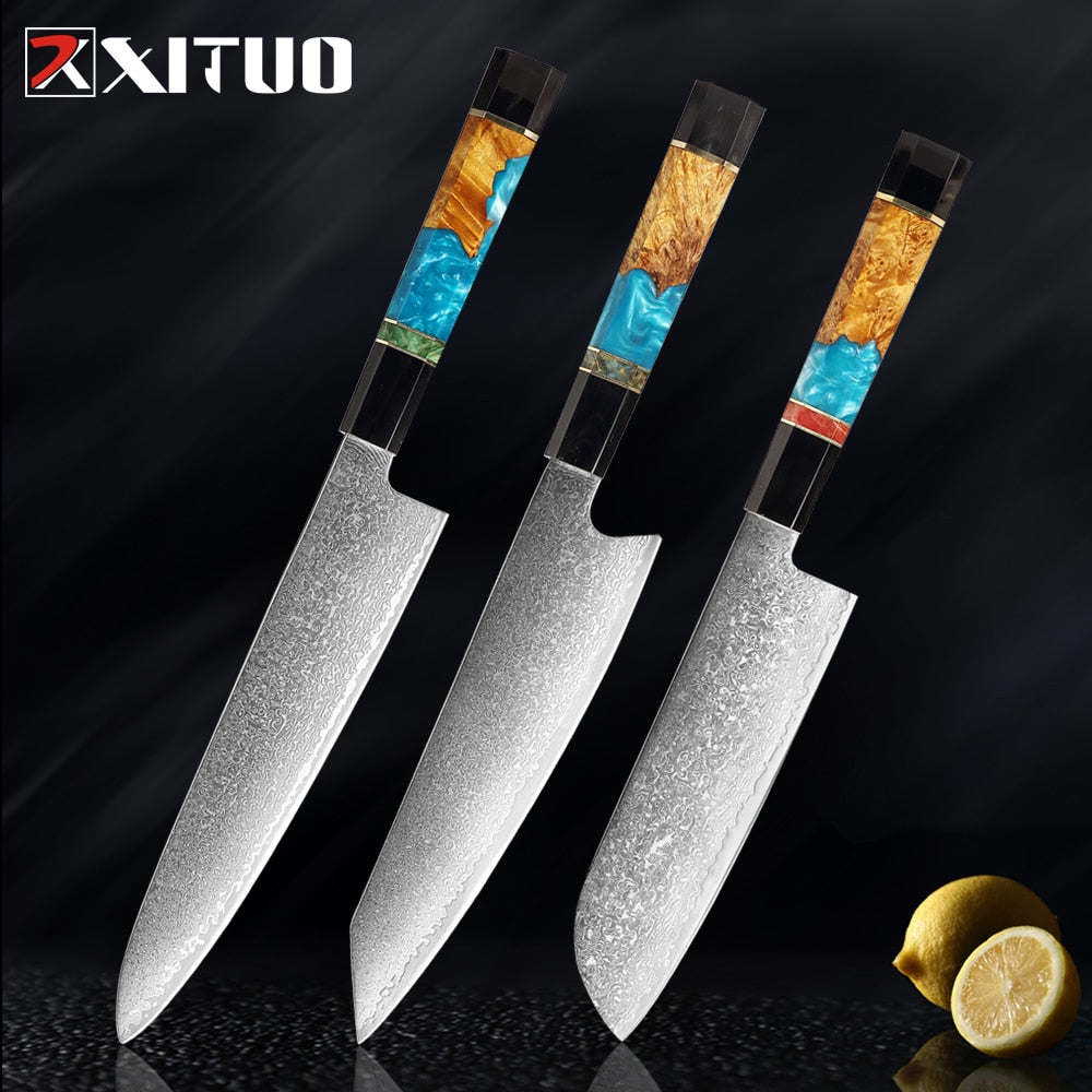 XITUO Damascus Stainless Steel Kitchen Knives Set High Quality Chef Knife Cleaver Paring Knife Stable wood&resin&horn Handle eprolo
