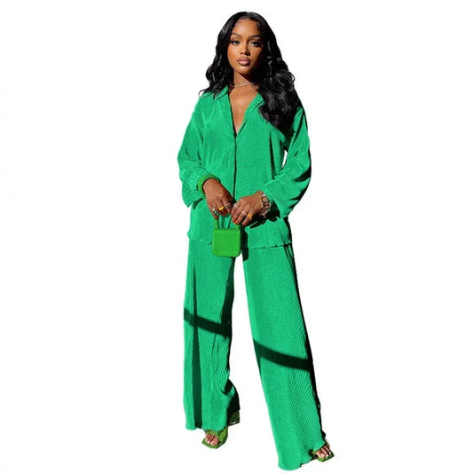 Women's Sets Long Sleeve Shirt Tops Wide Leg Pants Elegant Tracksuit Two Piece Set - Shello's Creative Boutique