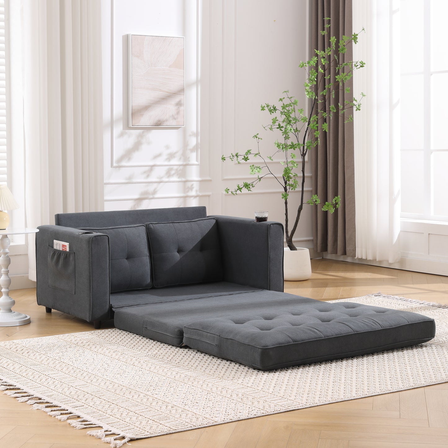 Three in one soft cushion cushion cushion sofa, folding mattress sofa bed, with side pockets and cup holder, dark gray eprolo