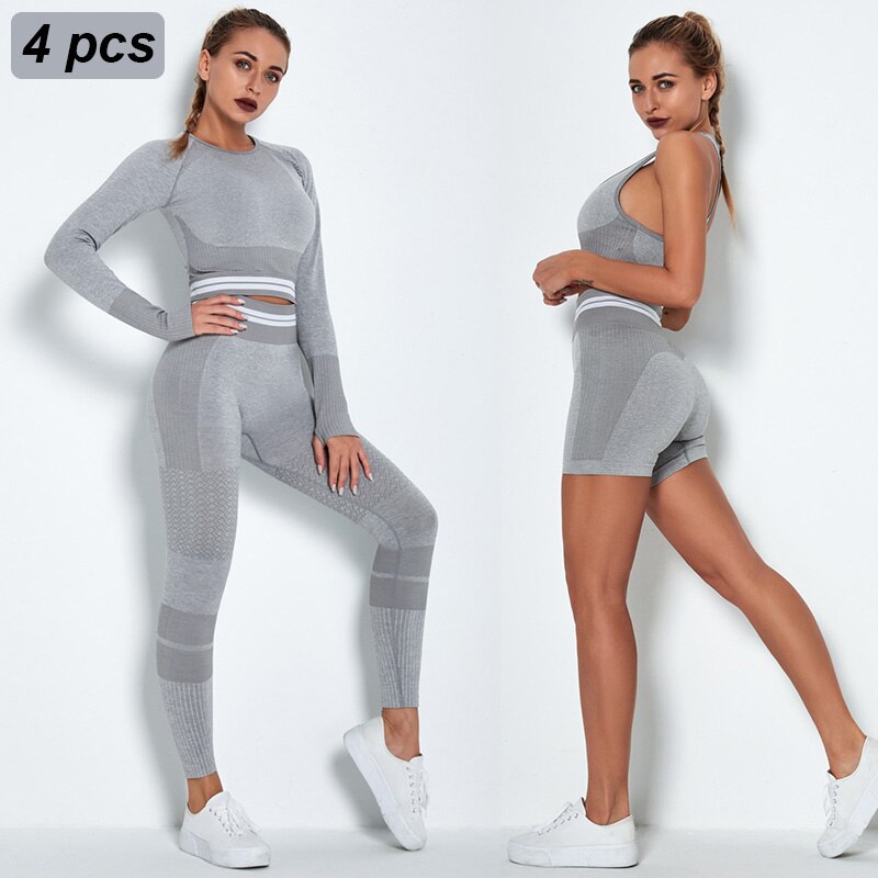 4Pcs Women Vital Seamless Yoga Set Sports Bra+Crop Top Shirts+Shorts+High Waist Leggings Gym Clothing Sports Wear For Women Shello Creative Boutique