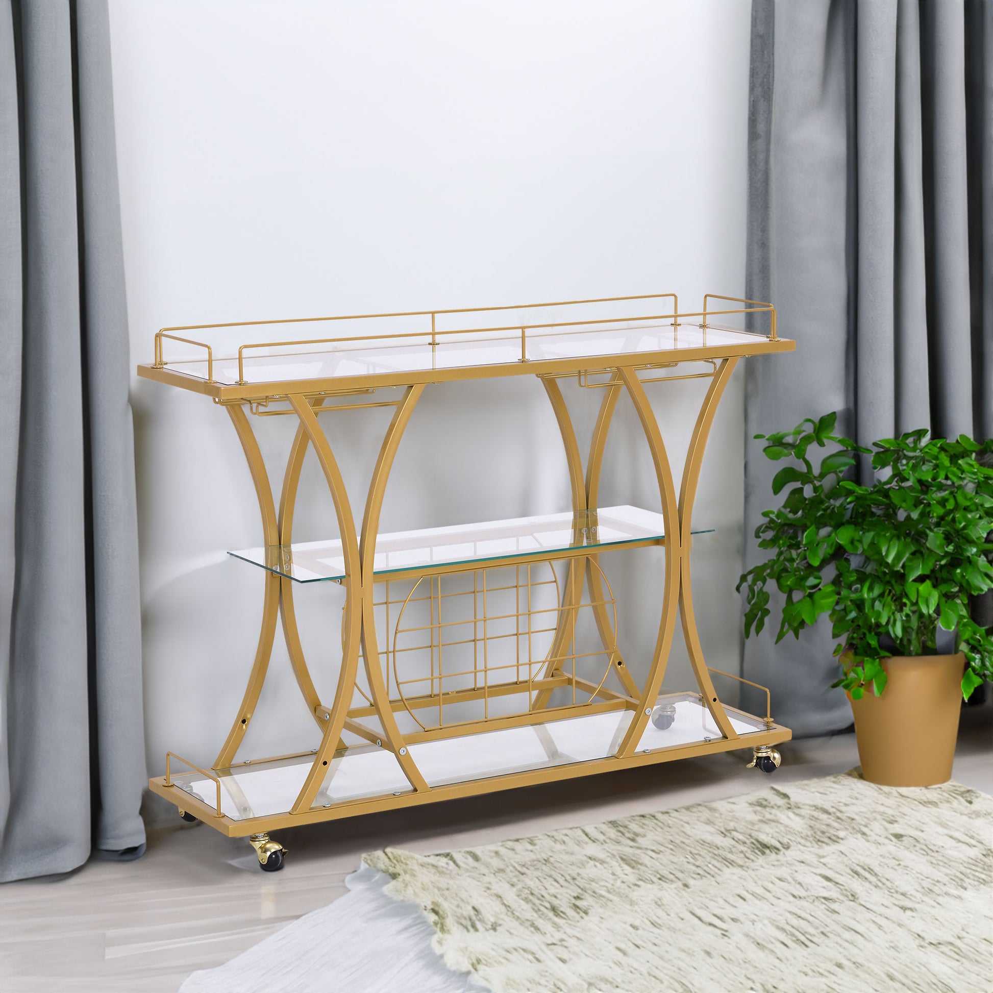 Golden Bar Cart with Wine Rack Tempered Glass Metal Frame Wine Storage eprolo