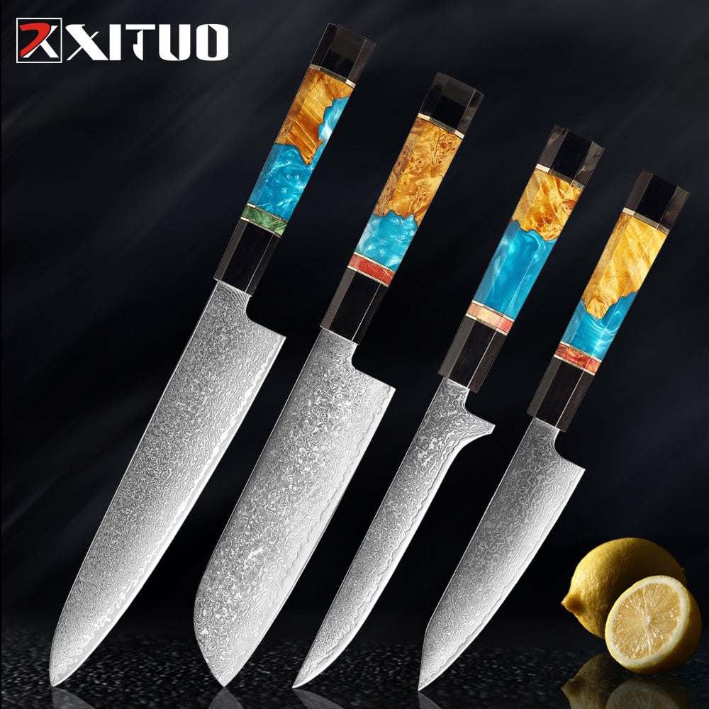 XITUO Damascus Stainless Steel Kitchen Knives Set High Quality Chef Knife Cleaver Paring Knife Stable wood&resin&horn Handle eprolo