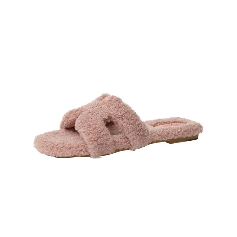Wearing 7 colours lamb fur slippers for external wear women's H-shaped suede one line drag