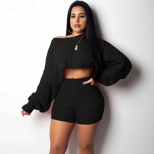2 Two Piece Women Long Sleeve Knit Sweater Tops+Bodycon Shorts Suit Sexy Matching Sets - Shello's Creative Boutique