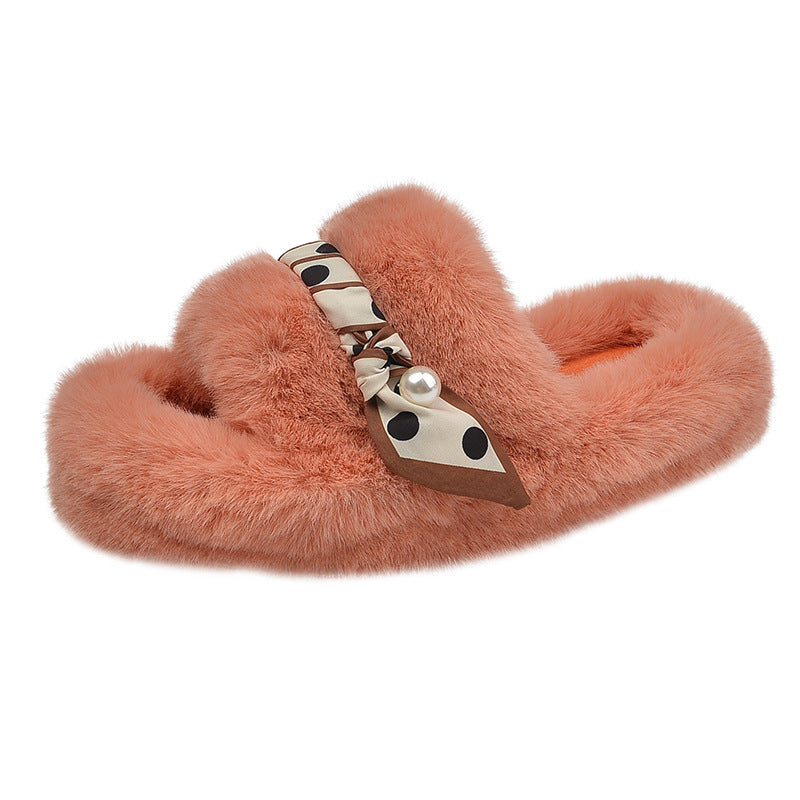 Net Red Plush Slippers Women Wear Autumn And Winter Korean Style Fashion One Word With Flat Bottom Large Size Slippers eprolo