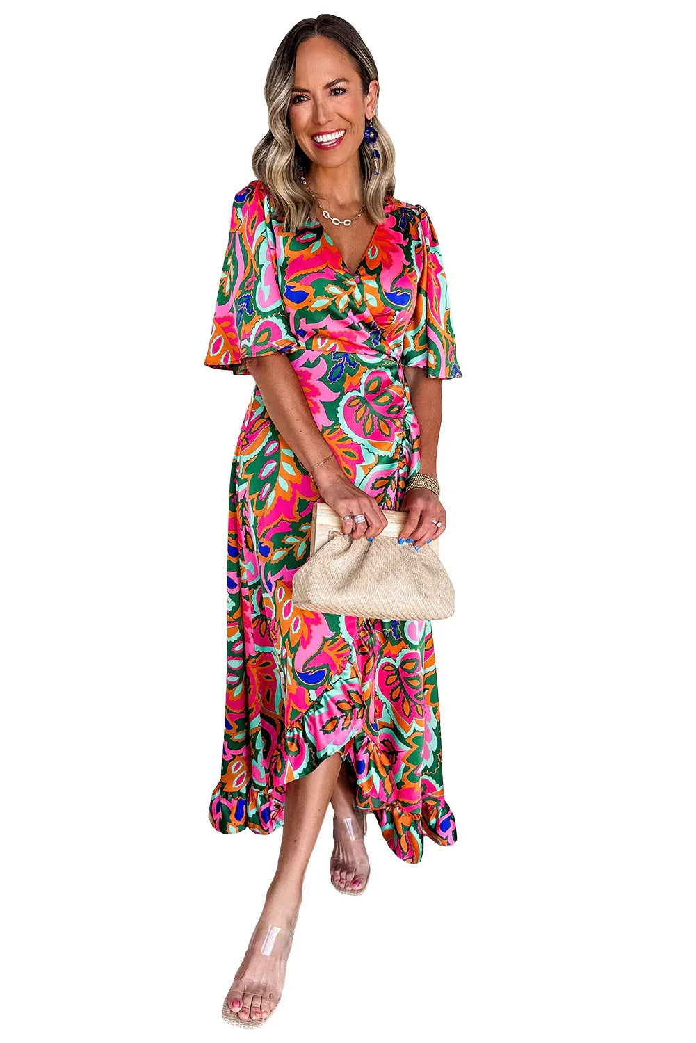 Rose Tropical Plant Print Surplice V Neck Ruffle Hem Maxi Dress - Shello's Creative Boutique