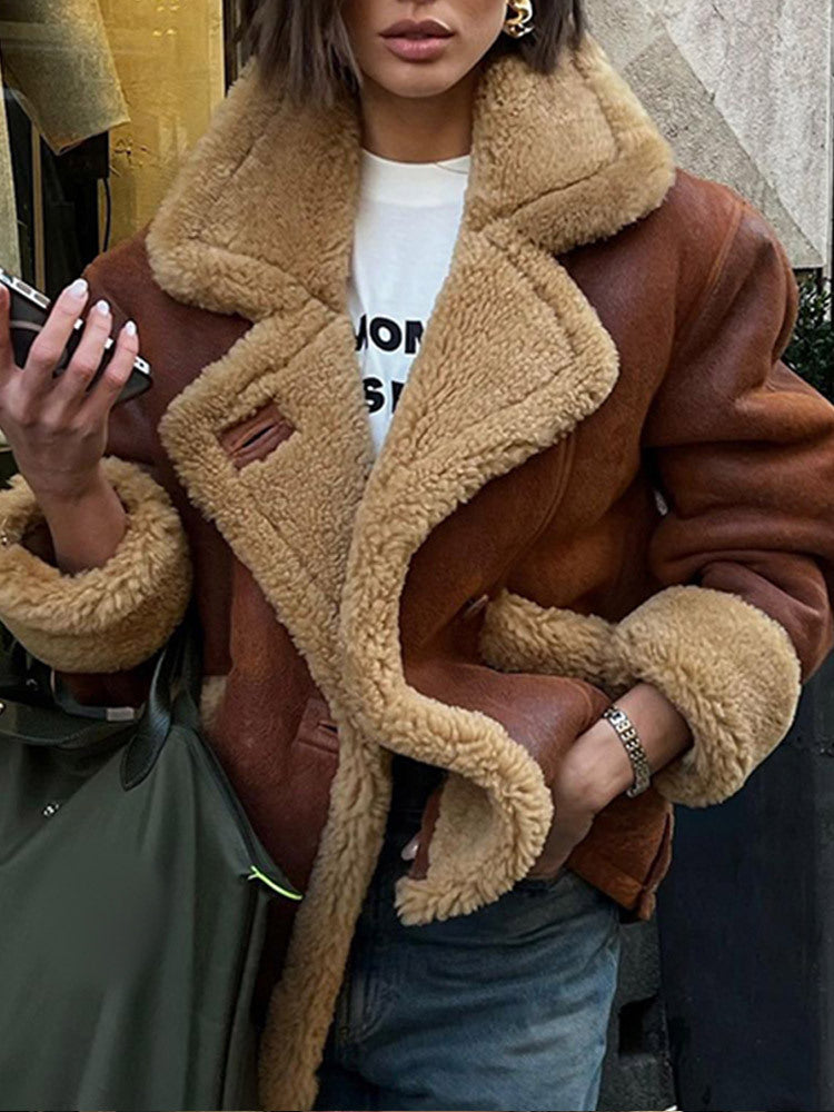 European and American collar long sleeved fur one-piece jacket, autumn and winter lamb wool loose and warm comfortable casual jacket eprolo