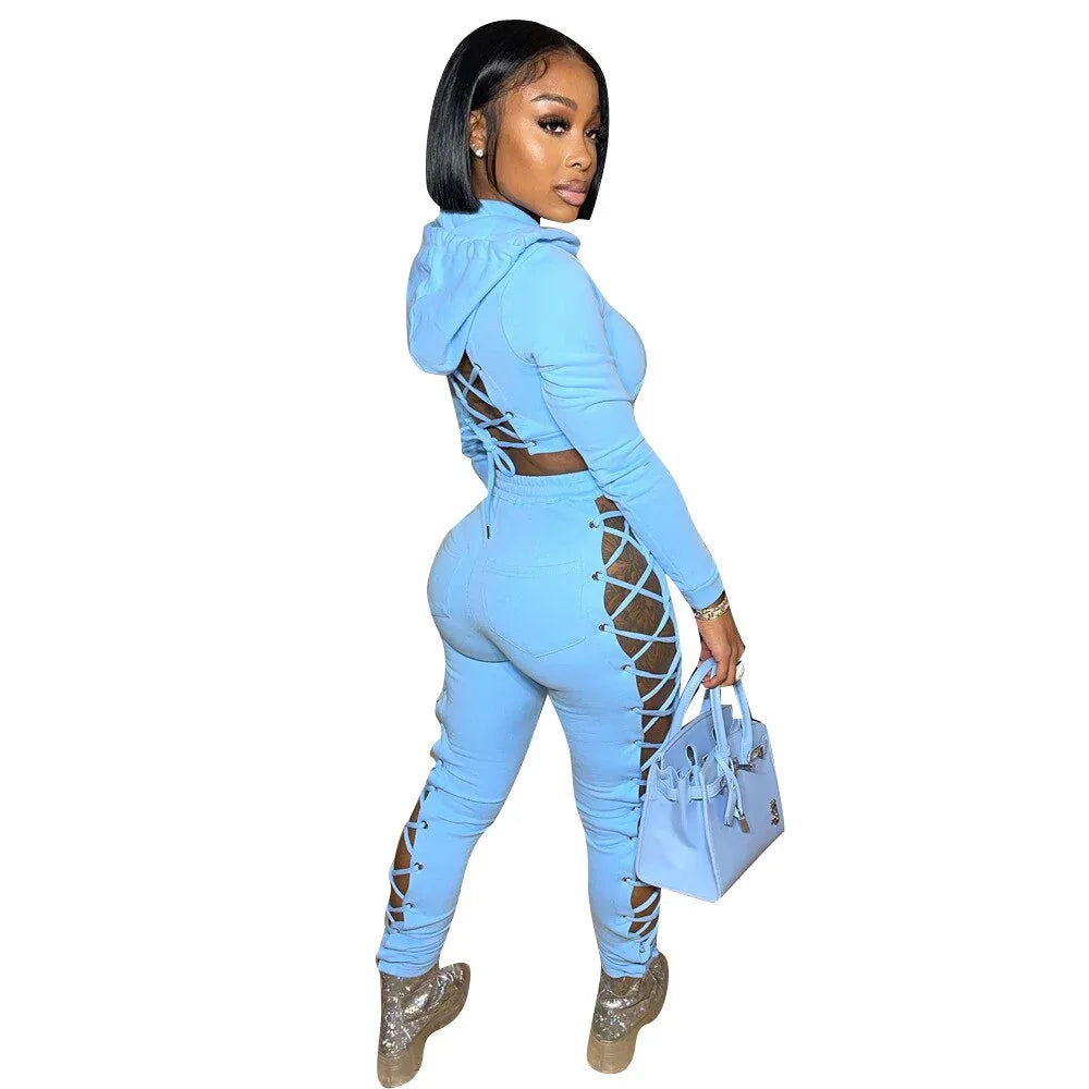 Autumn Women Tracksuit Two Piece Set Backless Hollow Out Bandage Solid Color Party Night Clubwear Sportsuit Clothes For Women - Shello's Creative Boutique