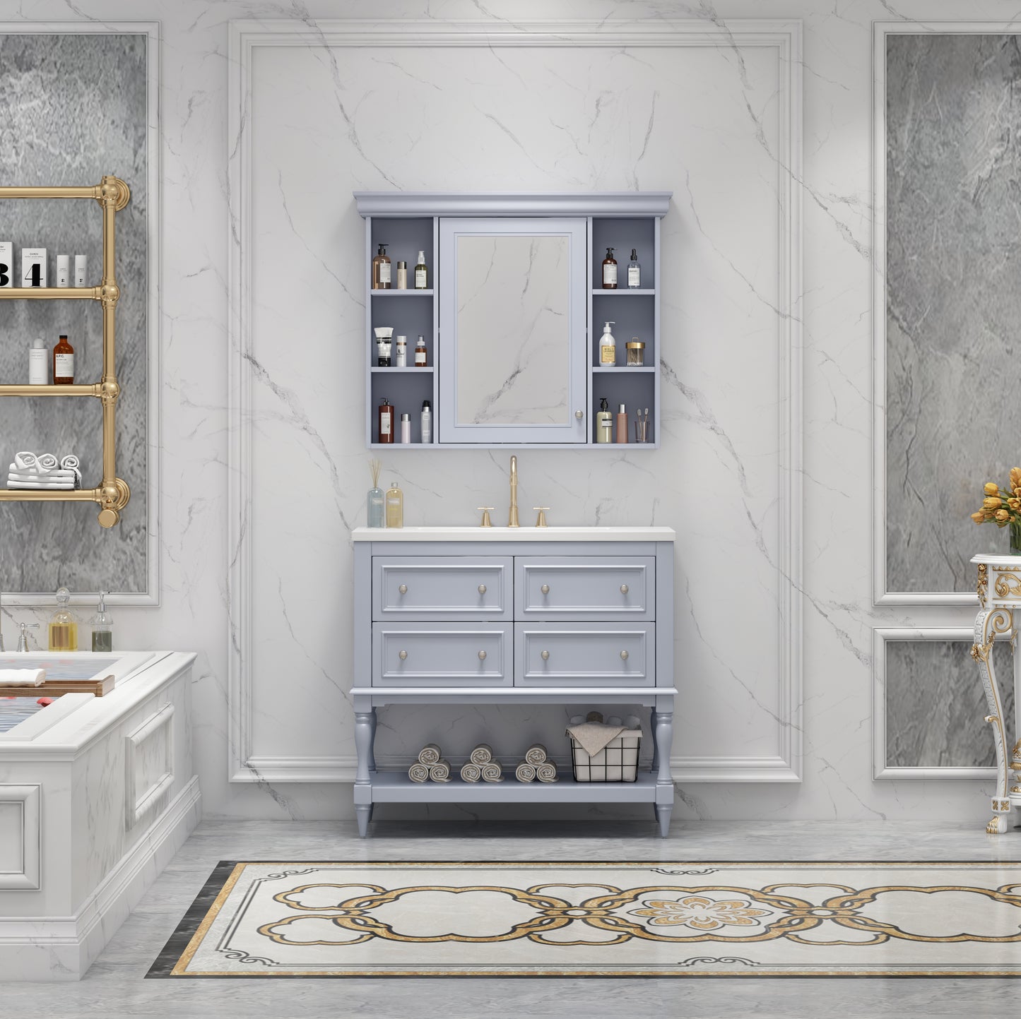 36'' Bathroom Vanity with Medicine Cabinet, Modern Mirror Cabinet with Adjustable Shelf, Bathroom Storage Cabinet with 4 Drawers eprolo