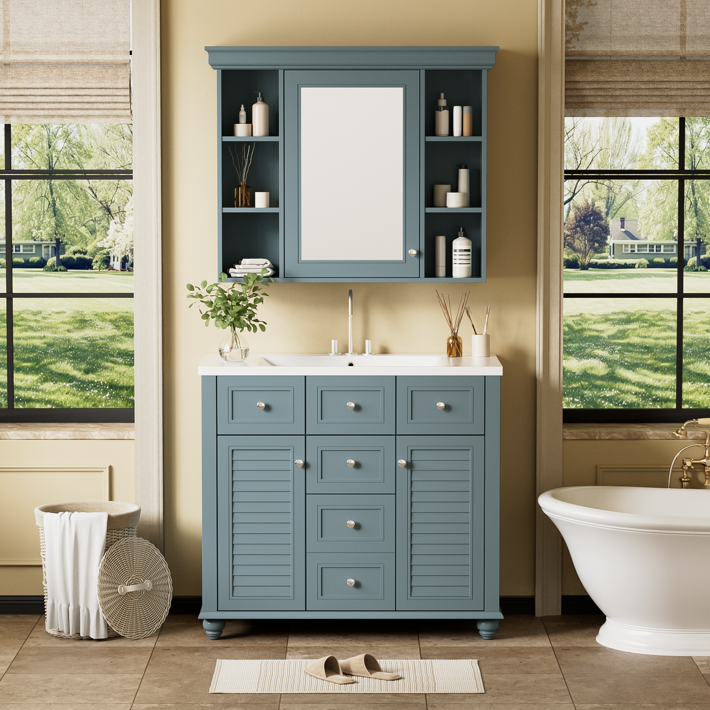 36 inch modern mirror cabinet with adjustable shelves, 2 soft closing doors, and 6 drawer storage cabinet door organizers eprolo