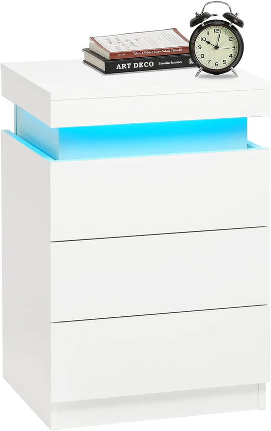 LED White Nightstand With 3 Drawers – Modern Multi-Colour LED Night Table - Shello's Creative Boutique