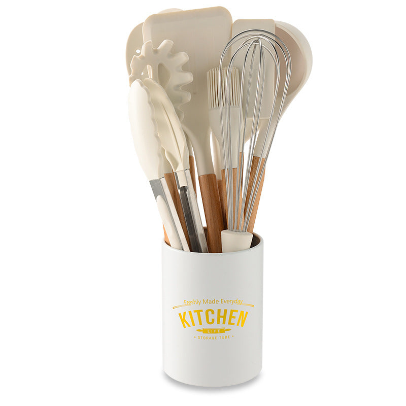 Milky White Silicone Kitchen Set Non-Stick Silicone Kitchen Utensils Cooking Spatula 10-Piece Set With Storage Bucket eprolo