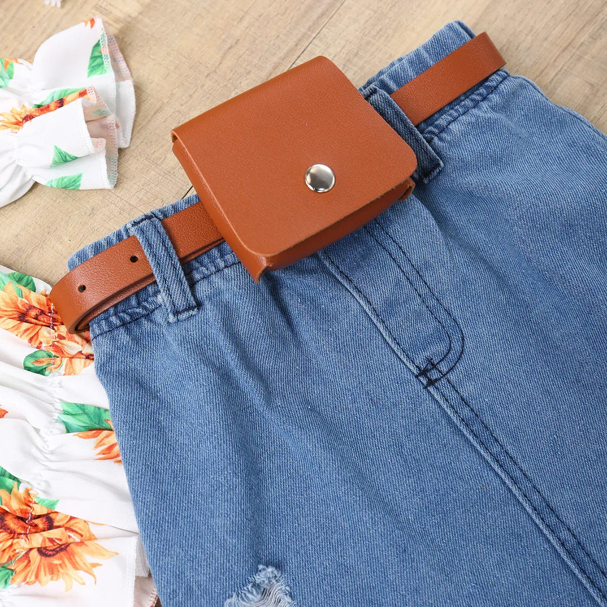 New Korean Long Sleeve Sunflower Flared Top + Solid Colour Suspender Skirt Two-Piece Set - Shello's Creative Boutique