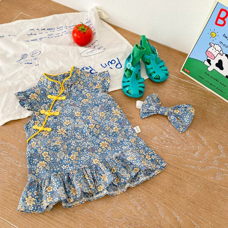 Children's skirt new summer baby girl retro wind disc buckle floral sleeveless cheongsam 0-2 years old baby dress - Shello's Creative Boutique