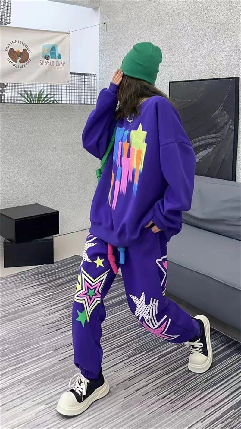 Hoodie women's long and fashionable cartoon graffiti print loose casual round neck autumn outfit set - Shello's Creative Boutique