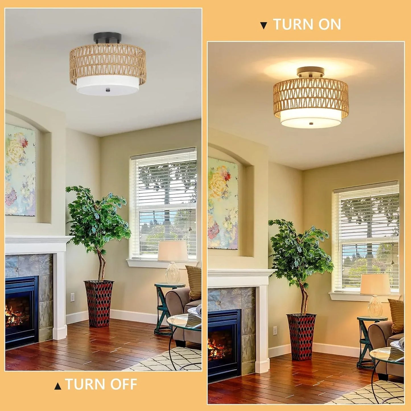 3-Light Semi Flush Mount Ceiling Light Fixture, Boho Rattan Light Fixtures Ceiling, Farmhouse Drum Light with Fabric Shade - Shello's Creative Boutique