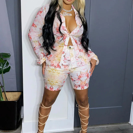 Early Autumn New Casual Shorts Suit Sexy Printed Shirt Two Piece Women's Clothes - Shello's Creative Boutique