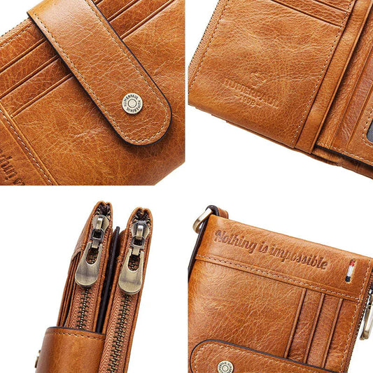 Anti-Theft Brush Double Zipper Leather Wallet Multi Card Slot Men's Wallet Crazy Horse Leather Coin Purse - Shello's Creative Boutique