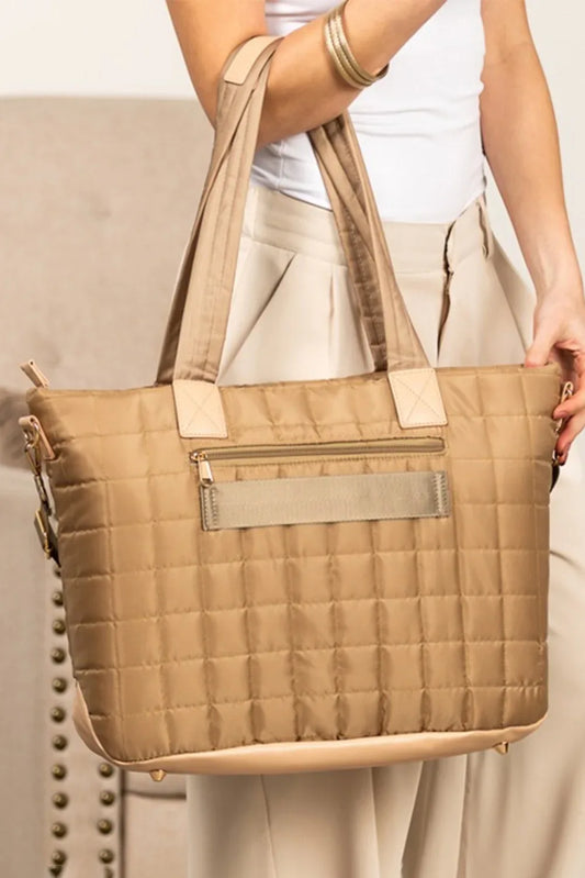 Camel Quilted Patchwork Large Tote Bag and Clutch 2pcs Set - Shello's Creative Boutique