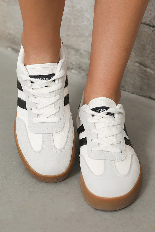 White Striped Lace Up Flat Sneakers - Shello's Creative Boutique