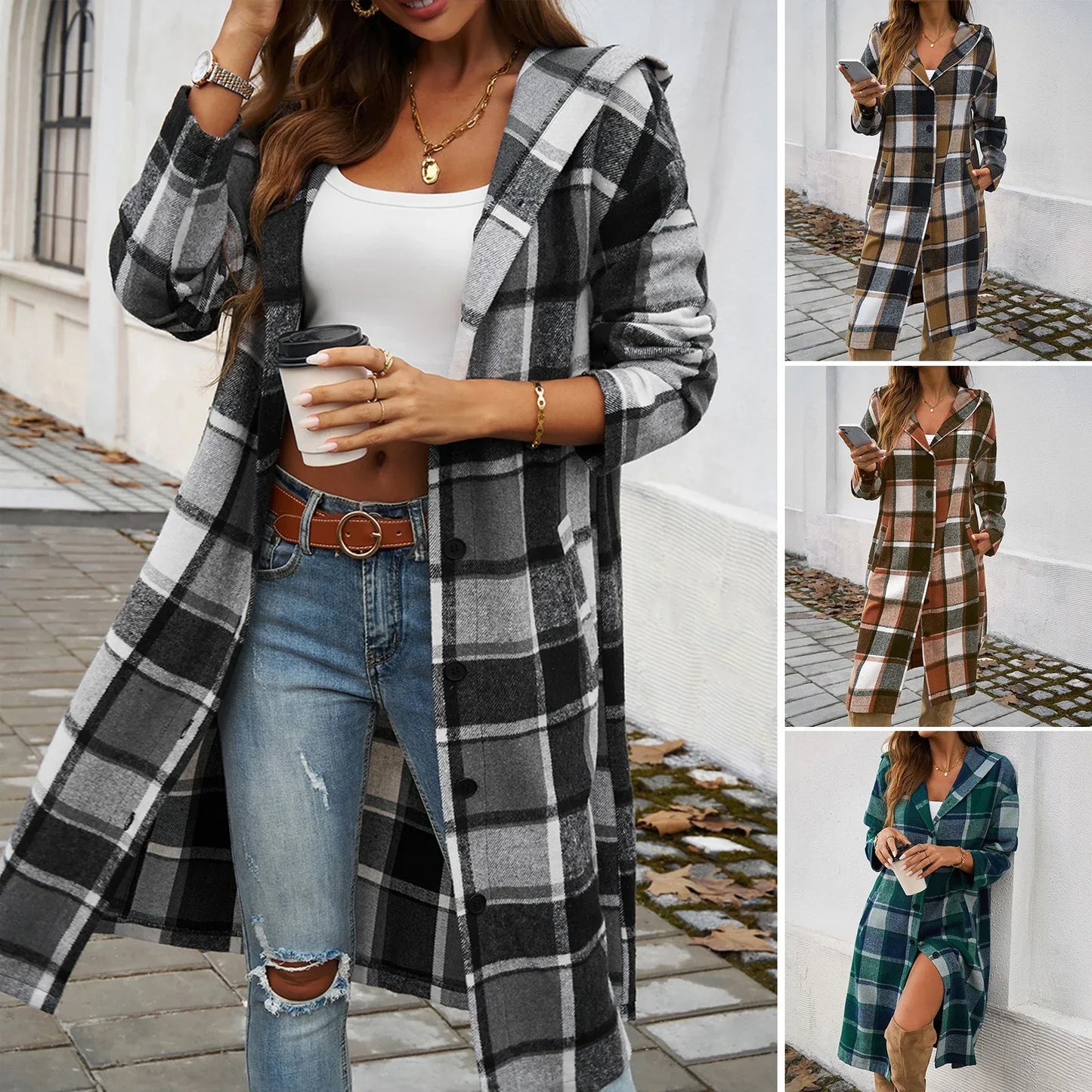 Autumn and winter women's casual loose contrasting color breasted hooded jacket - Shello's Creative Boutique