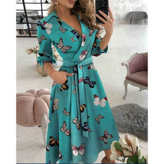 Eprolo Fashionable Short-Sleeved V-Neck Printed Dress for Women