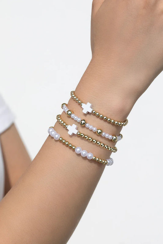 White Cross Beaded Bracelet Set - Stretch Fit Spiritual Jewellery - Shello's Creative Boutique
