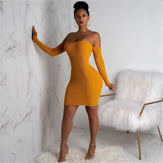Knitted Off Shoulder Mini Bandage Dress - Backless Lace Up - Shello's Creative Boutique