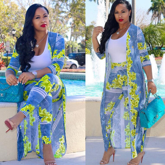 Plus Size Sexy two Piece Set Women clothes Cardigan Cloak Long Top And Bodycon Pant Matching Sets eprolo