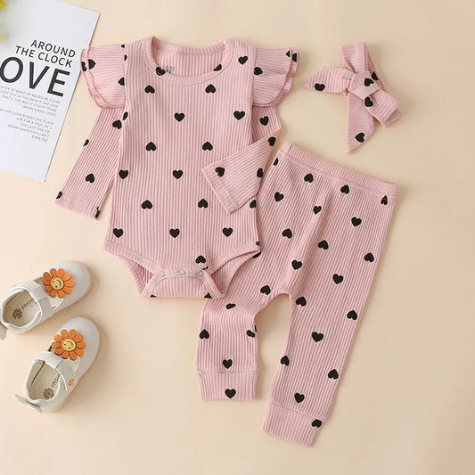 Autumn Korean Girl Casual Hang Striped Multicolor Long Sleeve Romper Love Print Three-piece Set - Shello's Creative Boutique