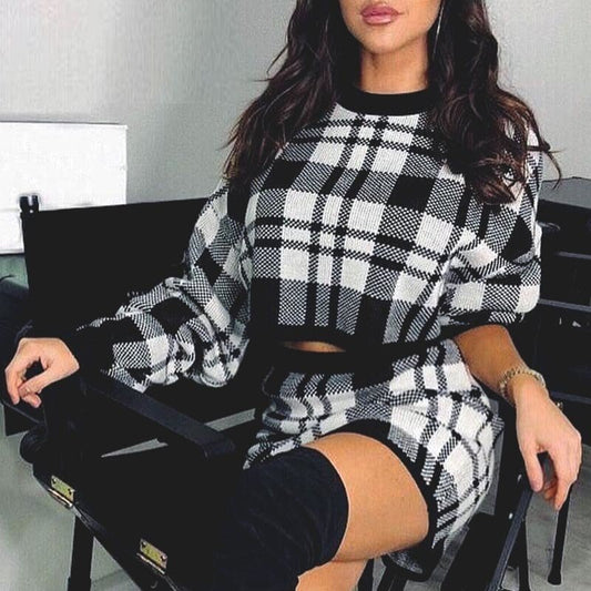 Women's Tracksuit Elegant Office Two Piece Set Plaid Sweater Outfit Long Sleeve Crop Top And Skirt Sets Sexy Fashion Dress Set eprolo