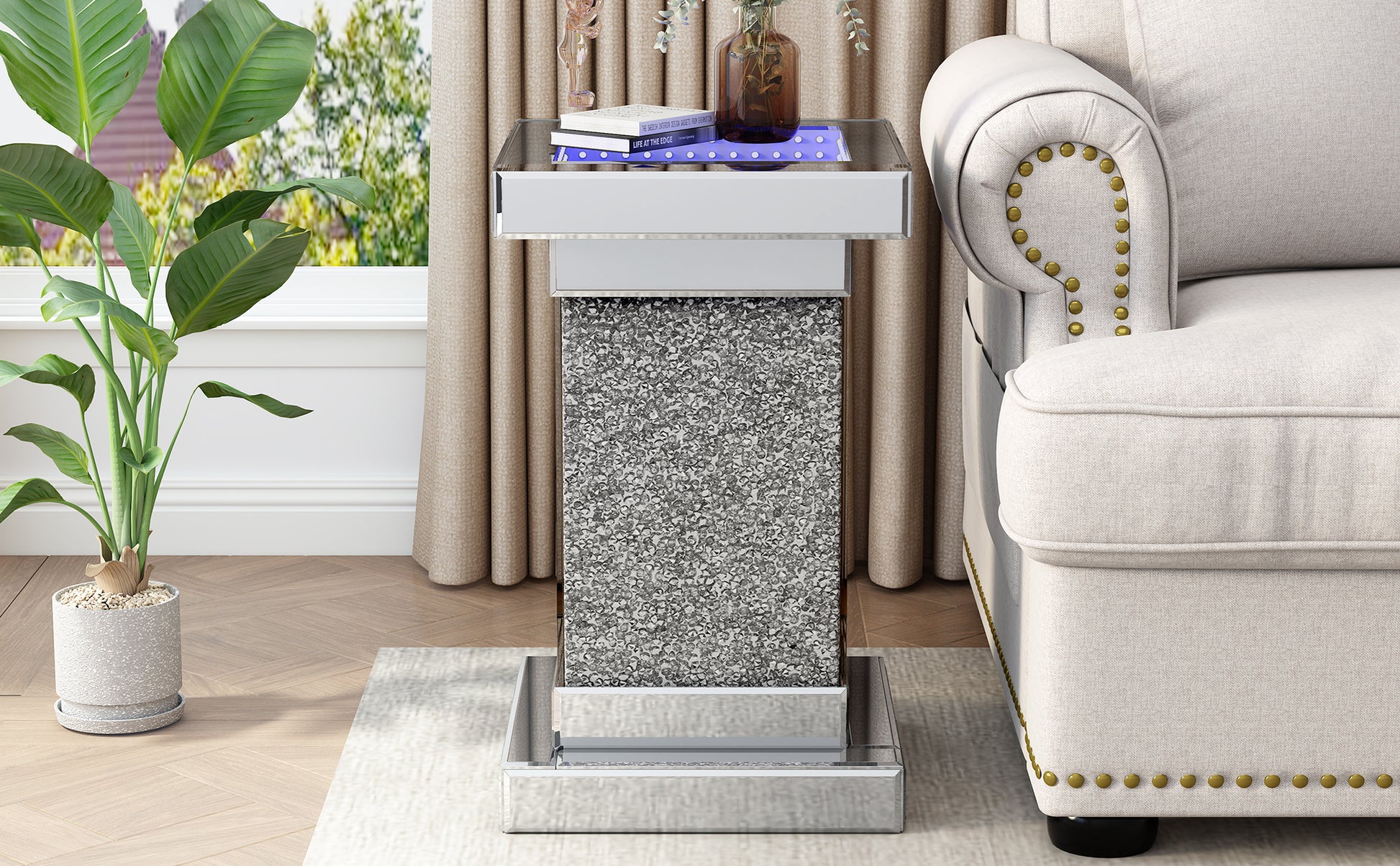 U-Can 11.8-inch silver square mirror coffee table with LED lights, modern diamond edge table, no assembly required eprolo