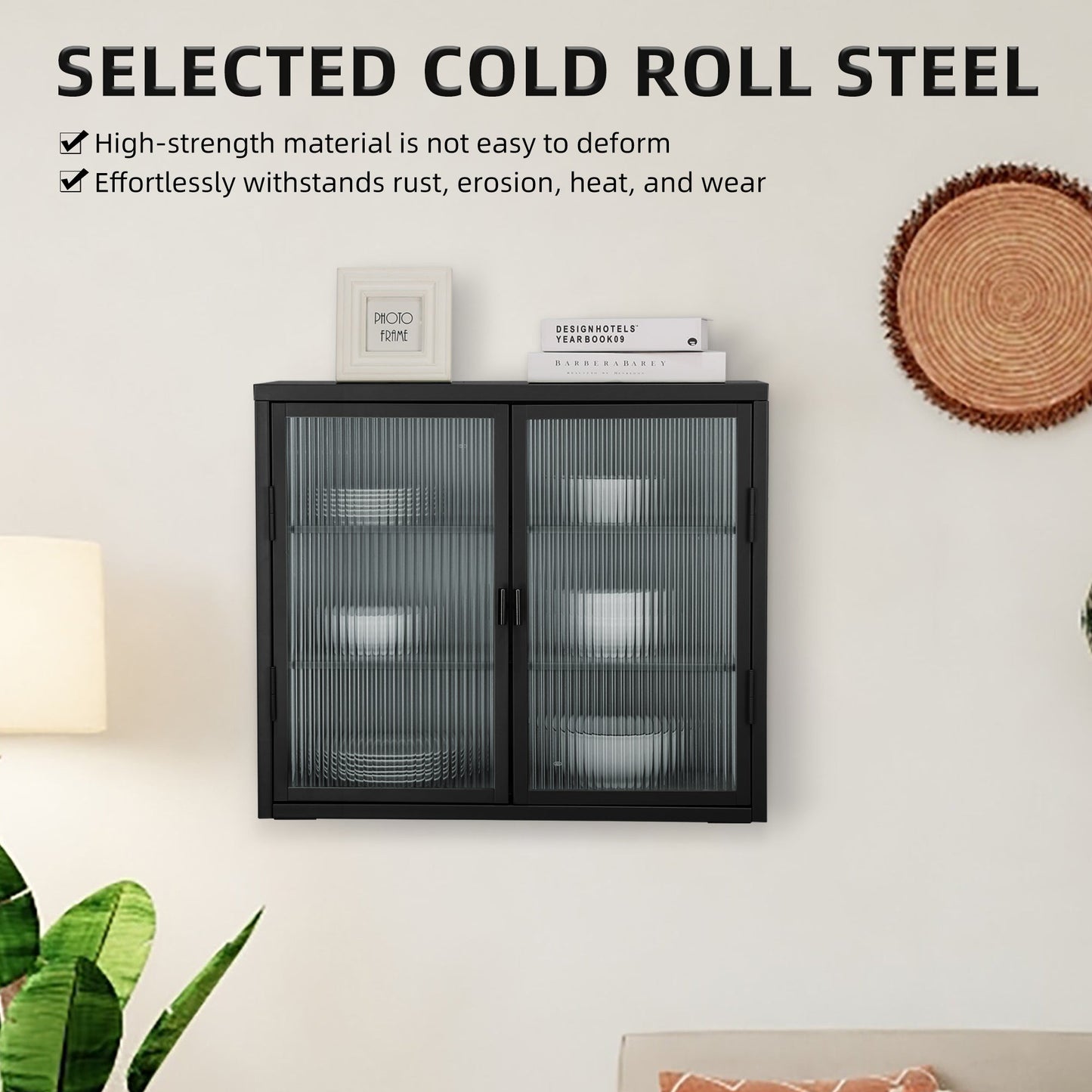 Retro Style Haze Double Glass Door Wall Cabinet With Detachable Shelves for Office Dining Room Living Room eprolo