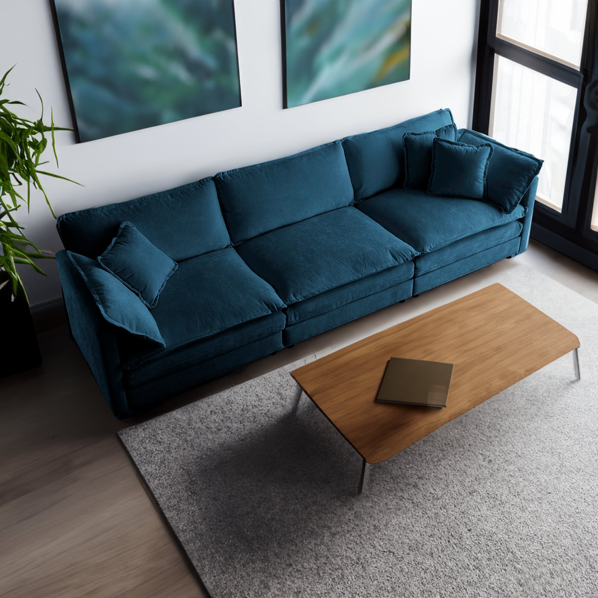 Mid-Century Modern Couch 3-Seater Sofa with 2 Armrest Pillows and 3 Toss Pillows, Couch for Living Room Blue Chenille Shello Creative Boutique