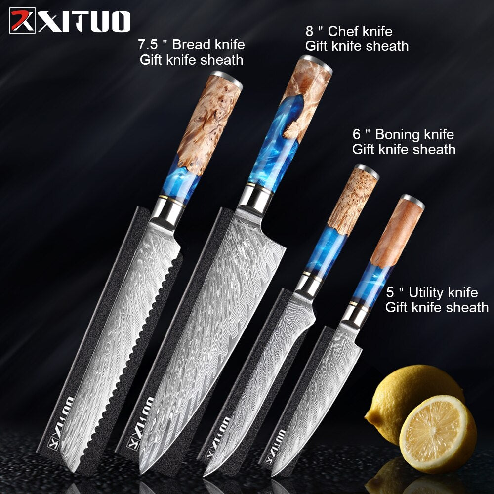 XITUO Kitchen Knives-Set Damascus Steel VG10 Chef Knife Cleaver Paring Bread Knife Blue Resin and Color Wood Handle Cooking Tool eprolo