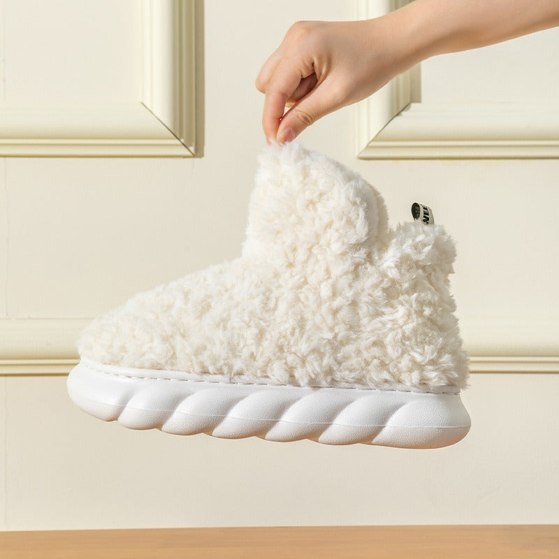 High top bag and cotton slippers with added velvet for warmth in winter for couples staying at home, indoor and outdoor, non slip soft soled plush cotton shoes eprolo