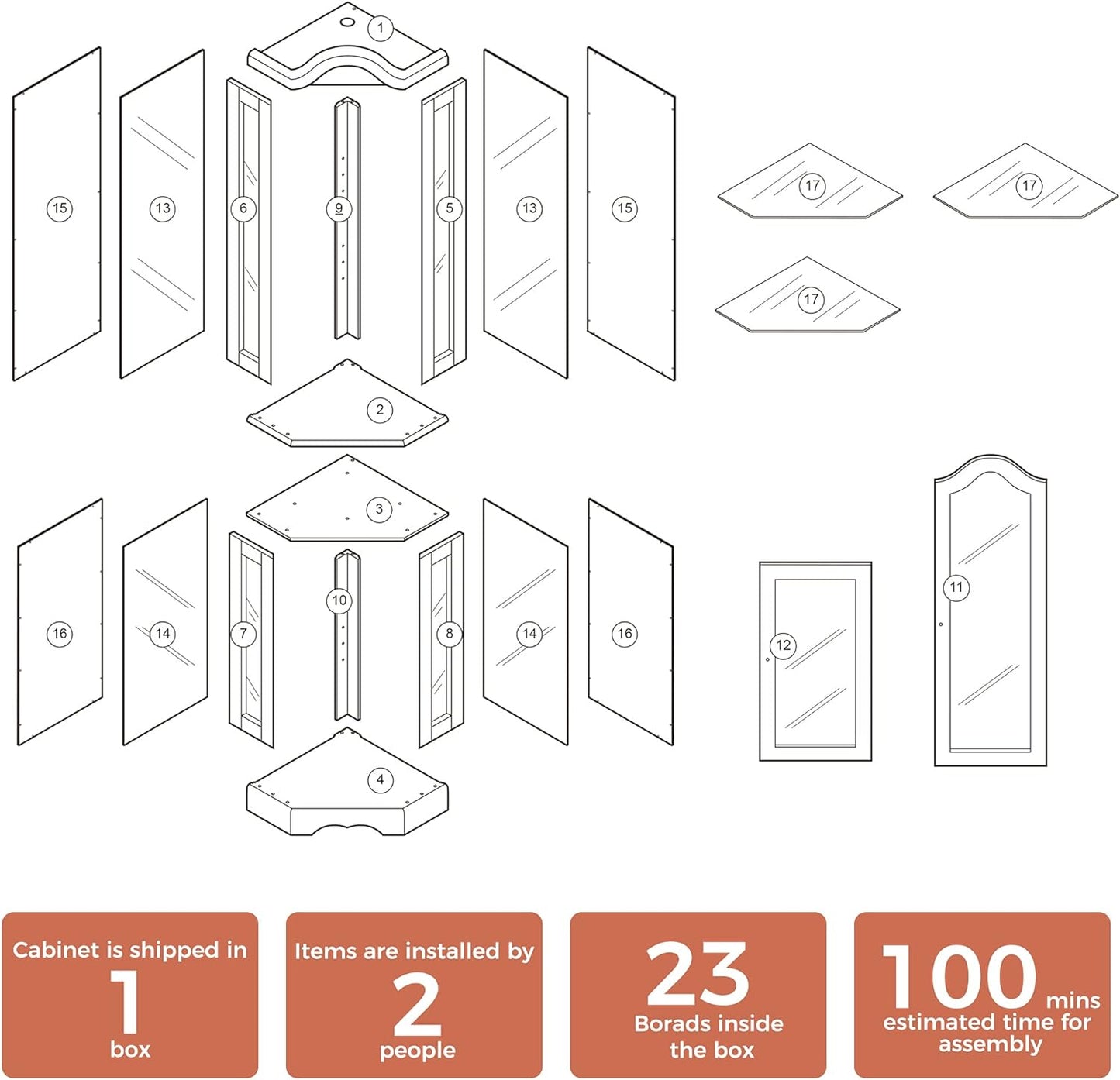 Corner Curio cabinet, adjustable tempered glass frame, rearview mirror, display cabinet, walnut wood (excluding E26 bulbs) eprolo